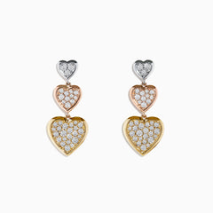 The Trio 14K Three Tone Gold Diamond Heart Drop Earrings 0.65 TCW showcase three stacked heart shapes in silver, rose gold, and yellow gold, each adorned with sparkling diamonds for a dazzling finish.