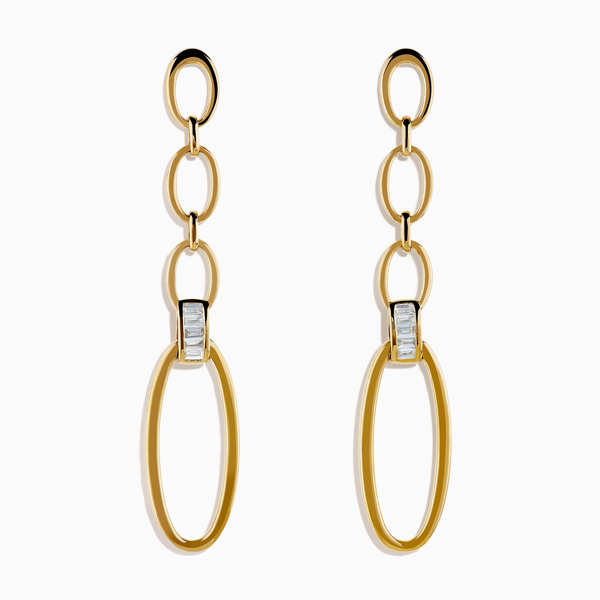 The D'Oro 14K Yellow Gold Diamond Dangle Earrings feature three oval links, a rectangular clear stone near the bottom, and a large open oval hoop, all displayed on a white background.