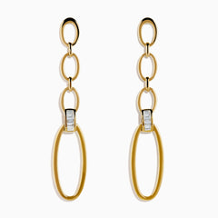 The D'Oro 14K Yellow Gold Diamond Dangle Earrings feature three oval links, a rectangular clear stone near the bottom, and a large open oval hoop, all displayed on a white background.