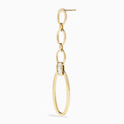 The D'Oro 14K Yellow Gold Diamond Dangle Earrings feature three oval links, a rectangular clear stone near the bottom, and a large open oval hoop, all displayed on a white background.