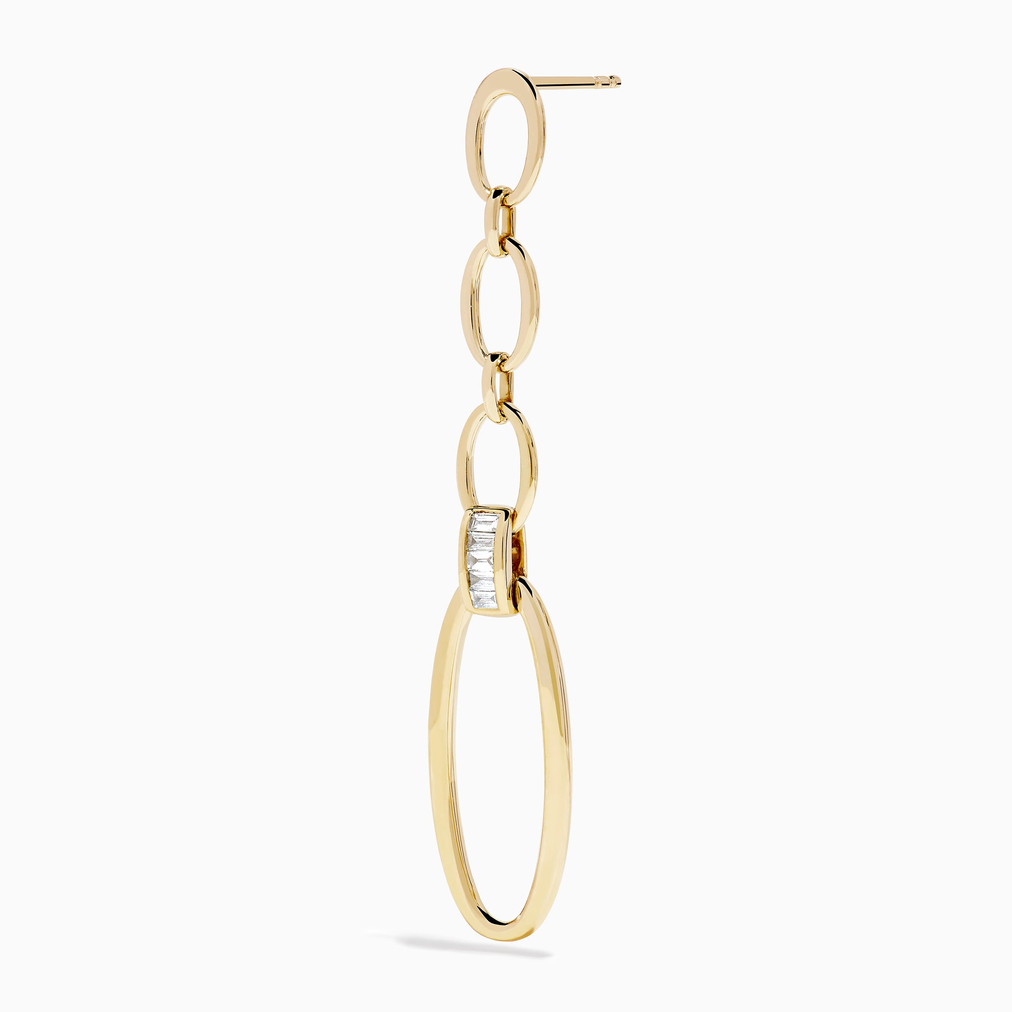 The D'Oro 14K Yellow Gold Diamond Dangle Earrings feature three oval links, a rectangular clear stone near the bottom, and a large open oval hoop, all displayed on a white background.