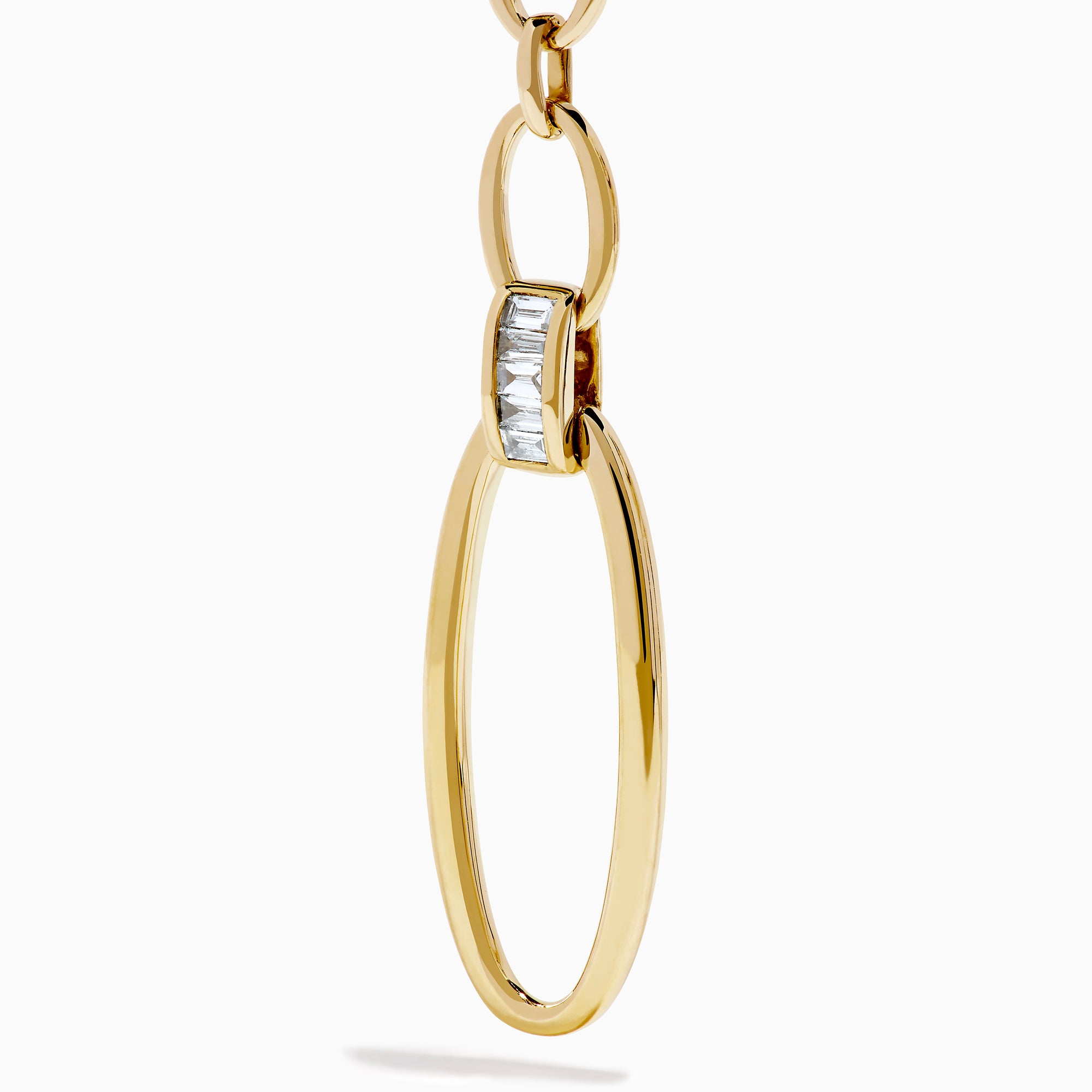 The D'Oro 14K Yellow Gold Diamond Dangle Earrings feature three oval links, a rectangular clear stone near the bottom, and a large open oval hoop, all displayed on a white background.