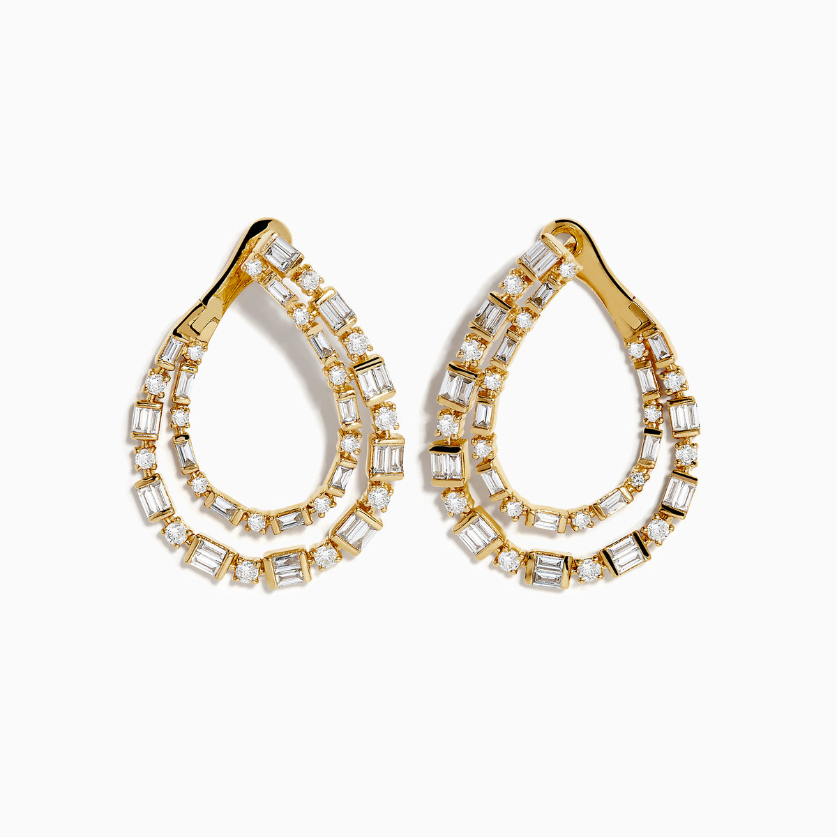 DOro 14K Yellow Gold Diamond Statement Earrings, 2.01 TCW, feature a teardrop shape with two rows of sparkling round and rectangular diamonds, showcased on a white background.