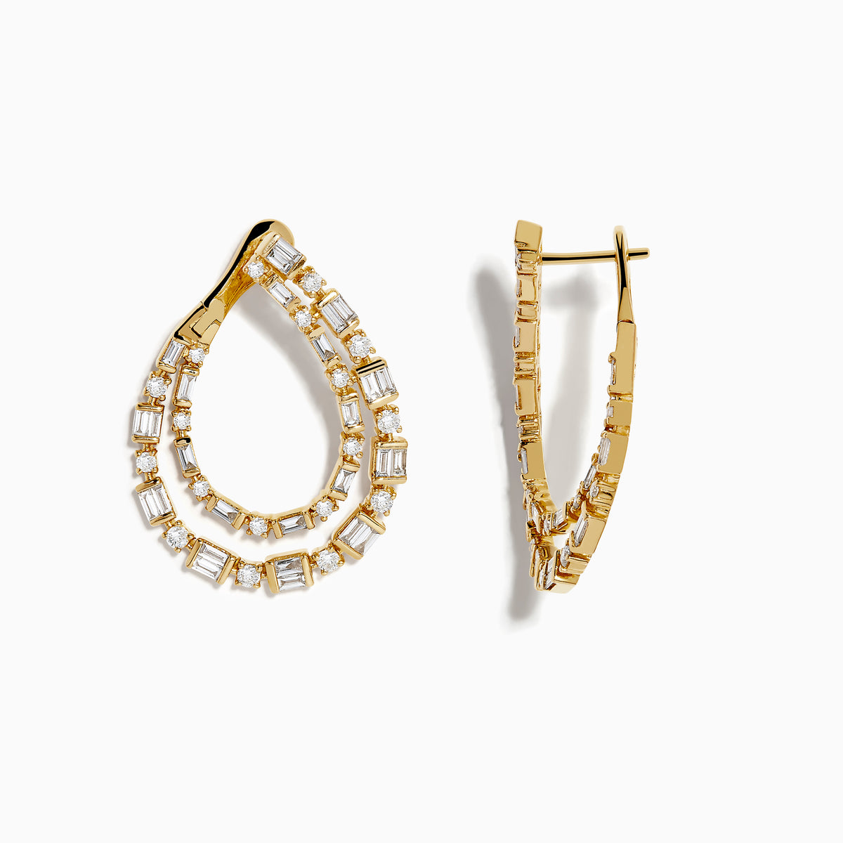 DOro 14K Yellow Gold Diamond Statement Earrings, 2.01 TCW, feature a teardrop shape with two rows of sparkling round and rectangular diamonds, showcased on a white background.