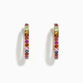 The Watercolor 14k Yellow Gold Multi Sapphire Hoop Earrings feature small round sapphires set in a vertical row, shown against a white background.