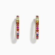 The Watercolor 14k Yellow Gold Multi Sapphire Hoop Earrings feature small round sapphires set in a vertical row, shown against a white background.