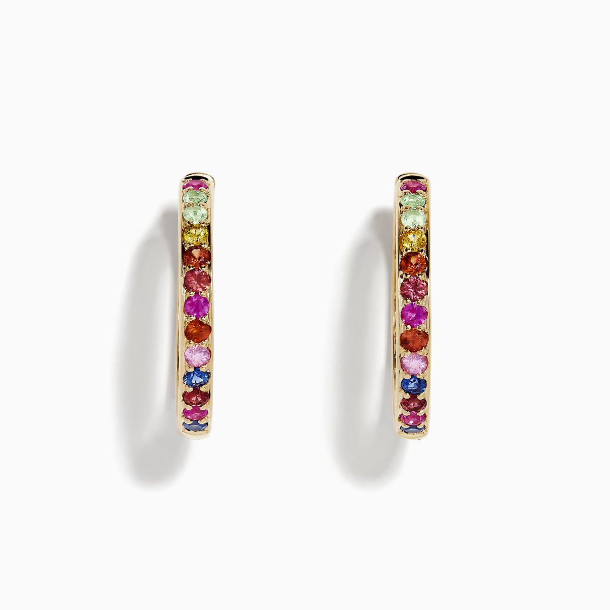 The Watercolor 14k Yellow Gold Multi Sapphire Hoop Earrings feature small round sapphires set in a vertical row, shown against a white background.