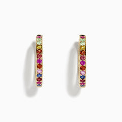 The Watercolor 14k Yellow Gold Multi Sapphire Hoop Earrings feature small round sapphires set in a vertical row, shown against a white background.