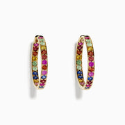 The Watercolor 14k Yellow Gold Multi Sapphire Hoop Earrings feature small round sapphires set in a vertical row, shown against a white background.