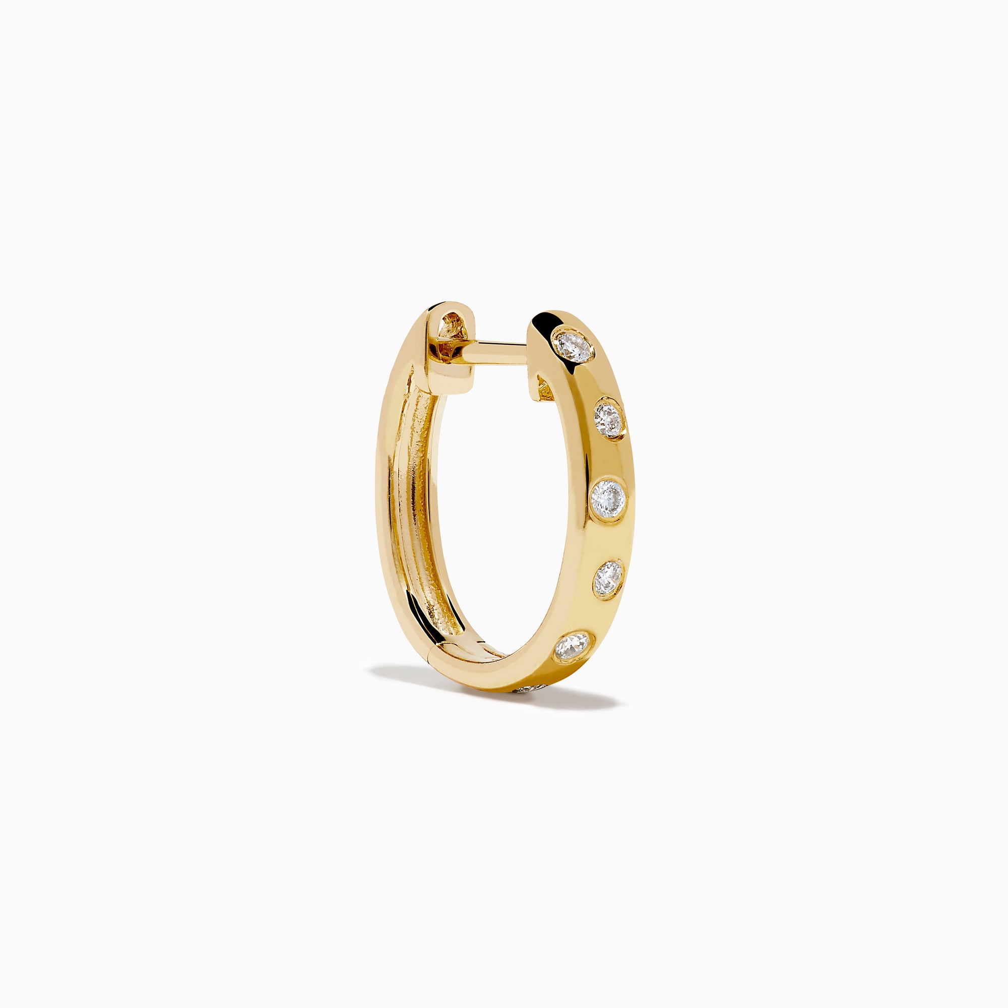 The D'Oro 14K Yellow Gold Diamond Huggie Earrings each feature three round white diamonds set vertically and are displayed against a plain white background.