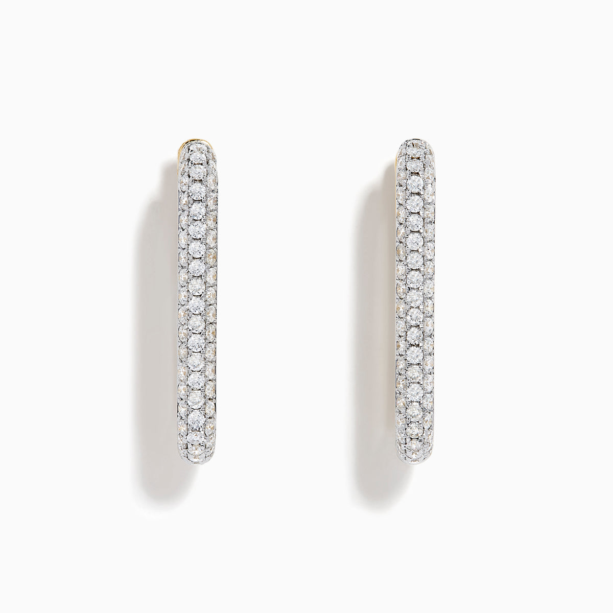 The 14K Two-Tone Gold Diamond Pavé Rectangle Hoop Earrings feature vertical, elongated hoops encrusted with sparkling pavé-set white diamonds, showcased against a plain white background.
