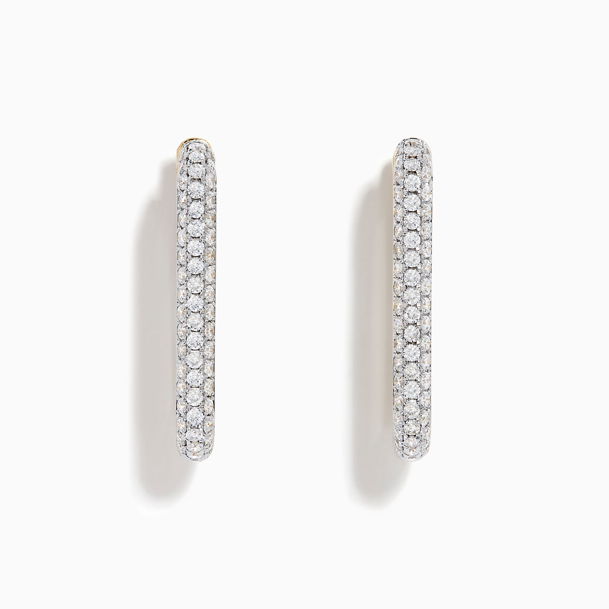 The 14K Two-Tone Gold Diamond Pavé Rectangle Hoop Earrings feature vertical, elongated hoops encrusted with sparkling pavé-set white diamonds, showcased against a plain white background.