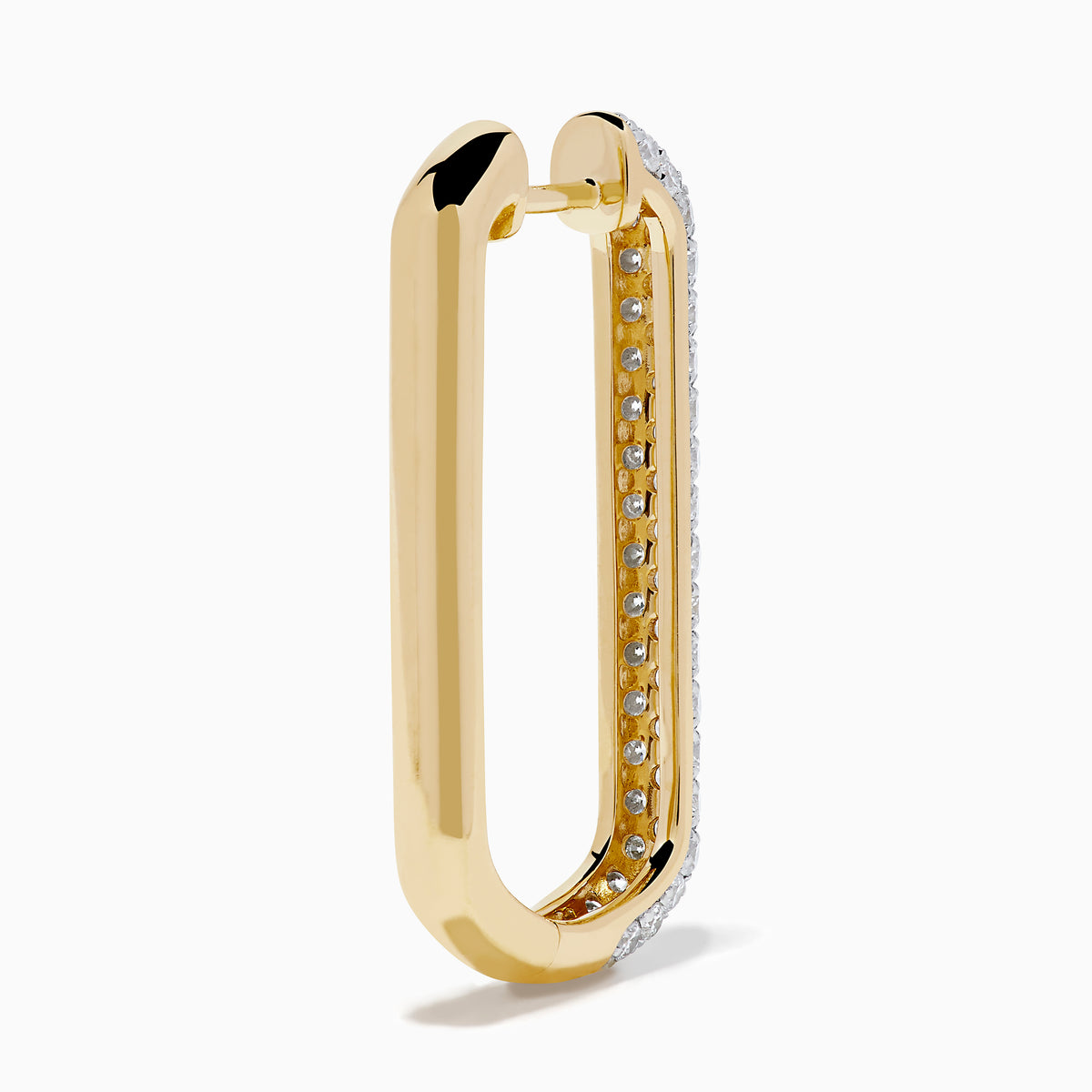 The 14K Two-Tone Gold Diamond Pavé Rectangle Hoop Earrings feature vertical, elongated hoops encrusted with sparkling pavé-set white diamonds, showcased against a plain white background.
