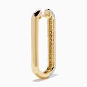 The 14K Two-Tone Gold Diamond Pavé Rectangle Hoop Earrings feature vertical, elongated hoops encrusted with sparkling pavé-set white diamonds, showcased against a plain white background.