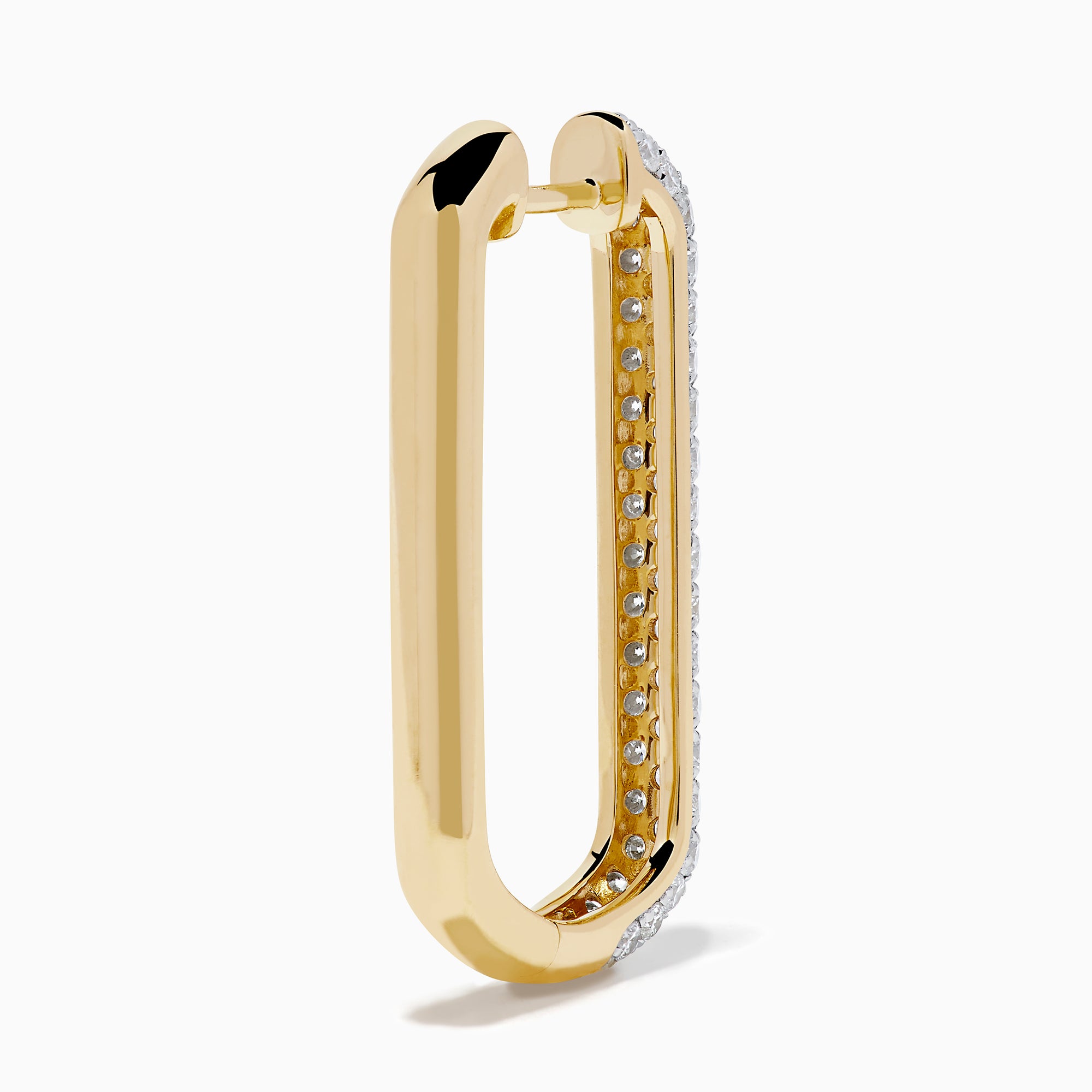 The 14K Two-Tone Gold Diamond Pavé Rectangle Hoop Earrings feature vertical, elongated hoops encrusted with sparkling pavé-set white diamonds, showcased against a plain white background.