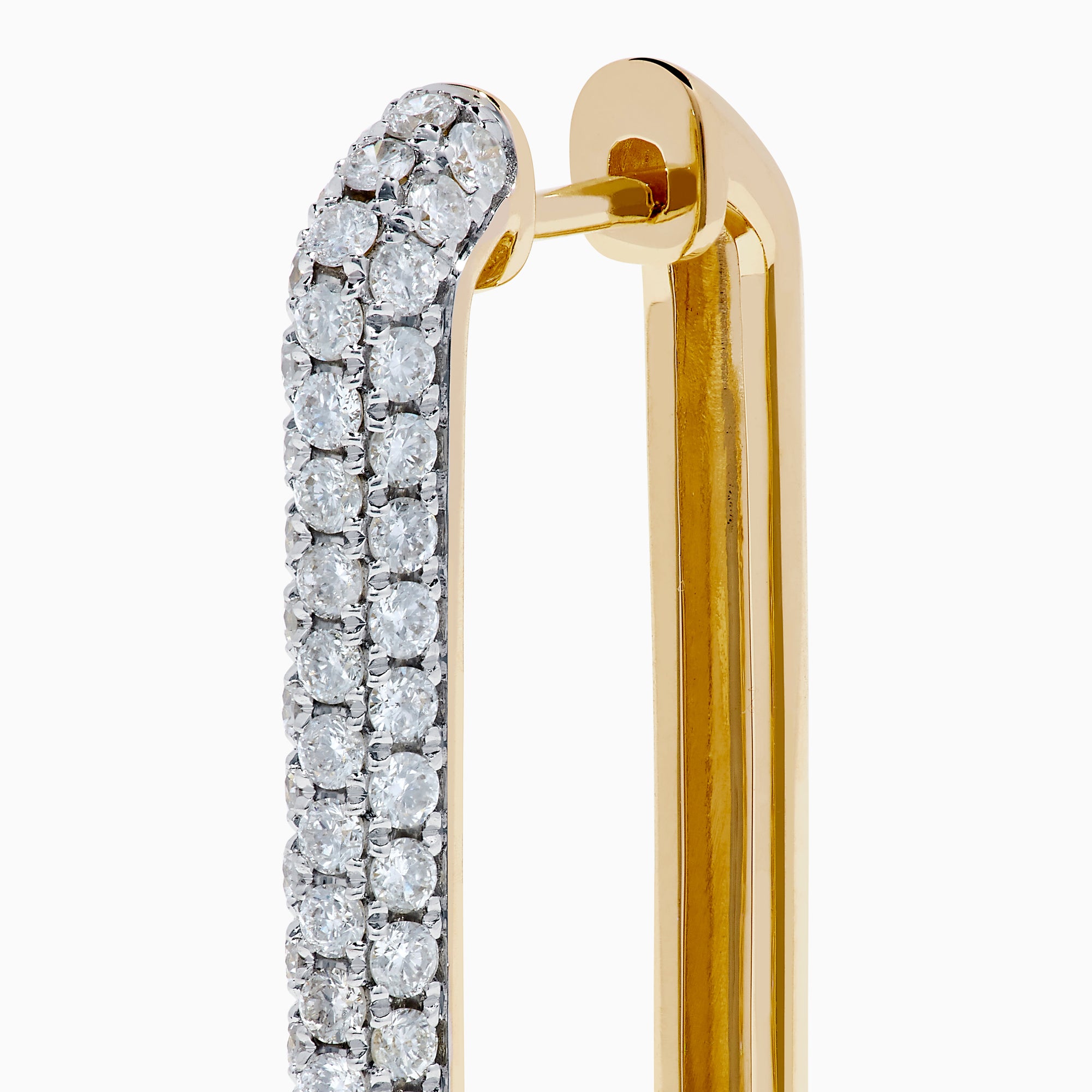 The 14K Two-Tone Gold Diamond Pavé Rectangle Hoop Earrings feature vertical, elongated hoops encrusted with sparkling pavé-set white diamonds, showcased against a plain white background.