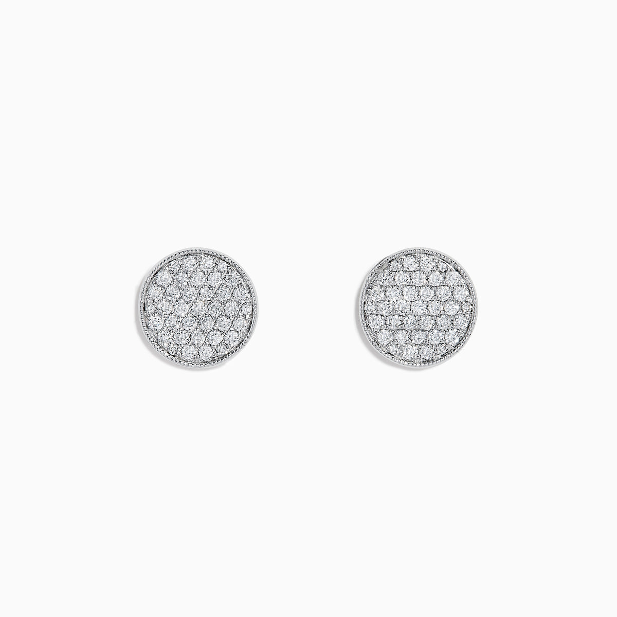 The 14K White Gold Diamond Disc Stud Earrings feature a pavé of sparkling white stones in a circular pattern, set in 14K white gold, shown against a plain white background.