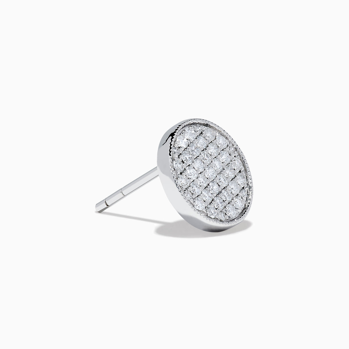 The 14K White Gold Diamond Disc Stud Earrings feature a pavé of sparkling white stones in a circular pattern, set in 14K white gold, shown against a plain white background.