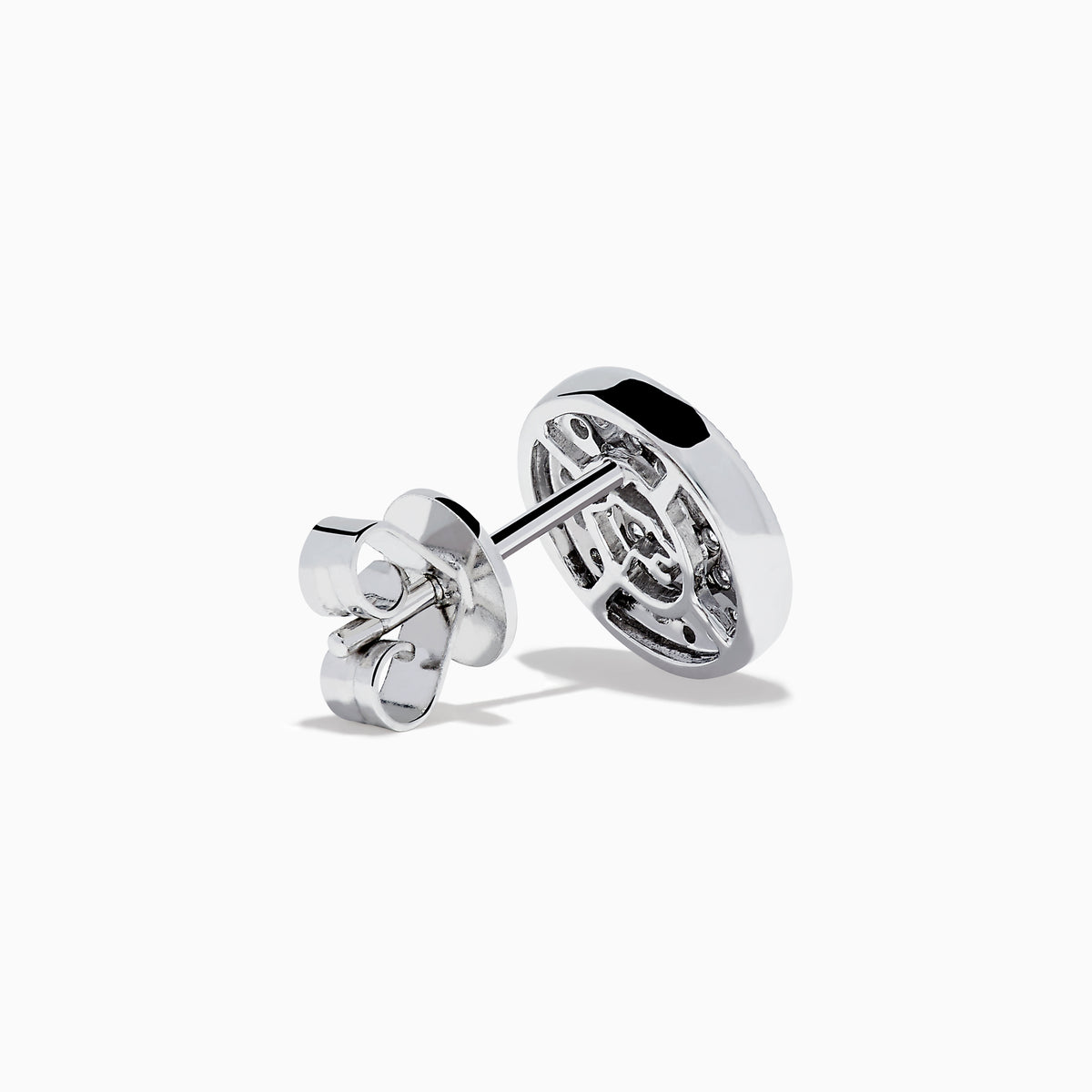 The 14K White Gold Diamond Disc Stud Earrings feature a pavé of sparkling white stones in a circular pattern, set in 14K white gold, shown against a plain white background.