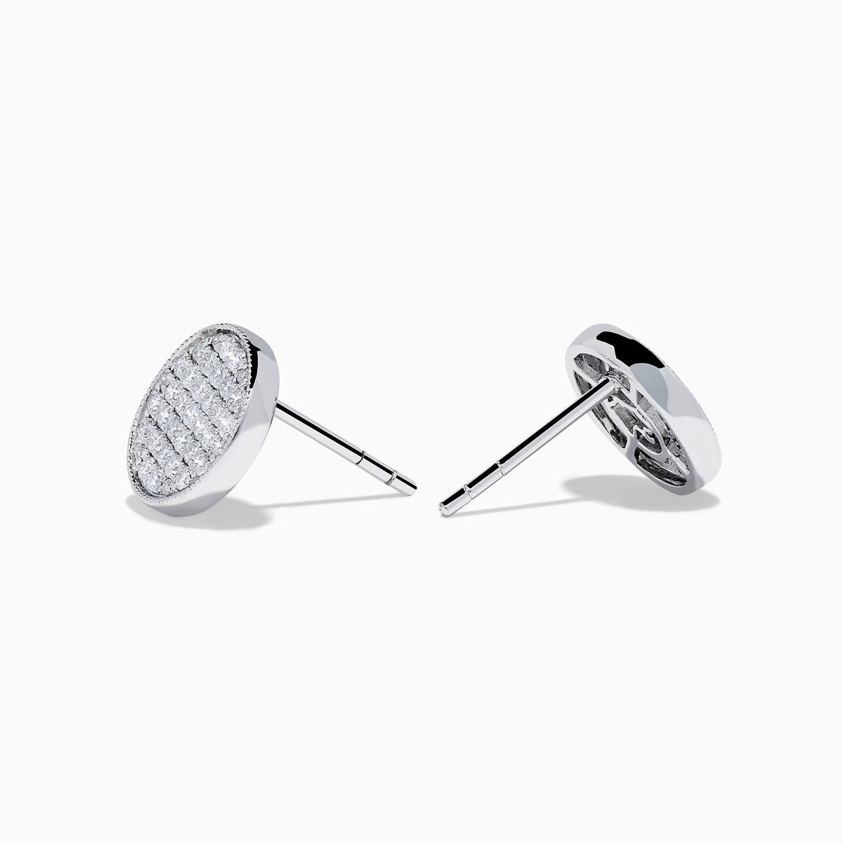 The 14K White Gold Diamond Disc Stud Earrings feature a pavé of sparkling white stones in a circular pattern, set in 14K white gold, shown against a plain white background.