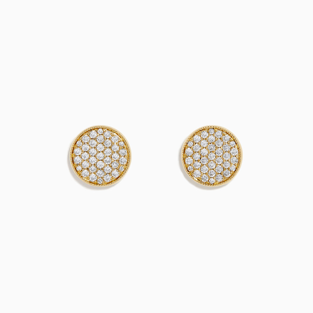 D'Oro 14K Yellow Gold Diamond Disc Stud Earrings feature sparkling white stones set in a honeycomb pattern, displayed on a white background.