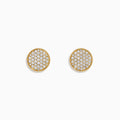 D'Oro 14K Yellow Gold Diamond Disc Stud Earrings feature sparkling white stones set in a honeycomb pattern, displayed on a white background.