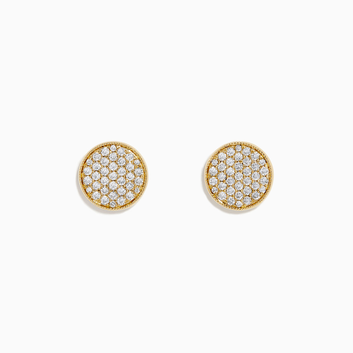 D'Oro 14K Yellow Gold Diamond Disc Stud Earrings feature sparkling white stones set in a honeycomb pattern, displayed on a white background.