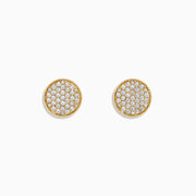 D'Oro 14K Yellow Gold Diamond Disc Stud Earrings feature sparkling white stones set in a honeycomb pattern, displayed on a white background.