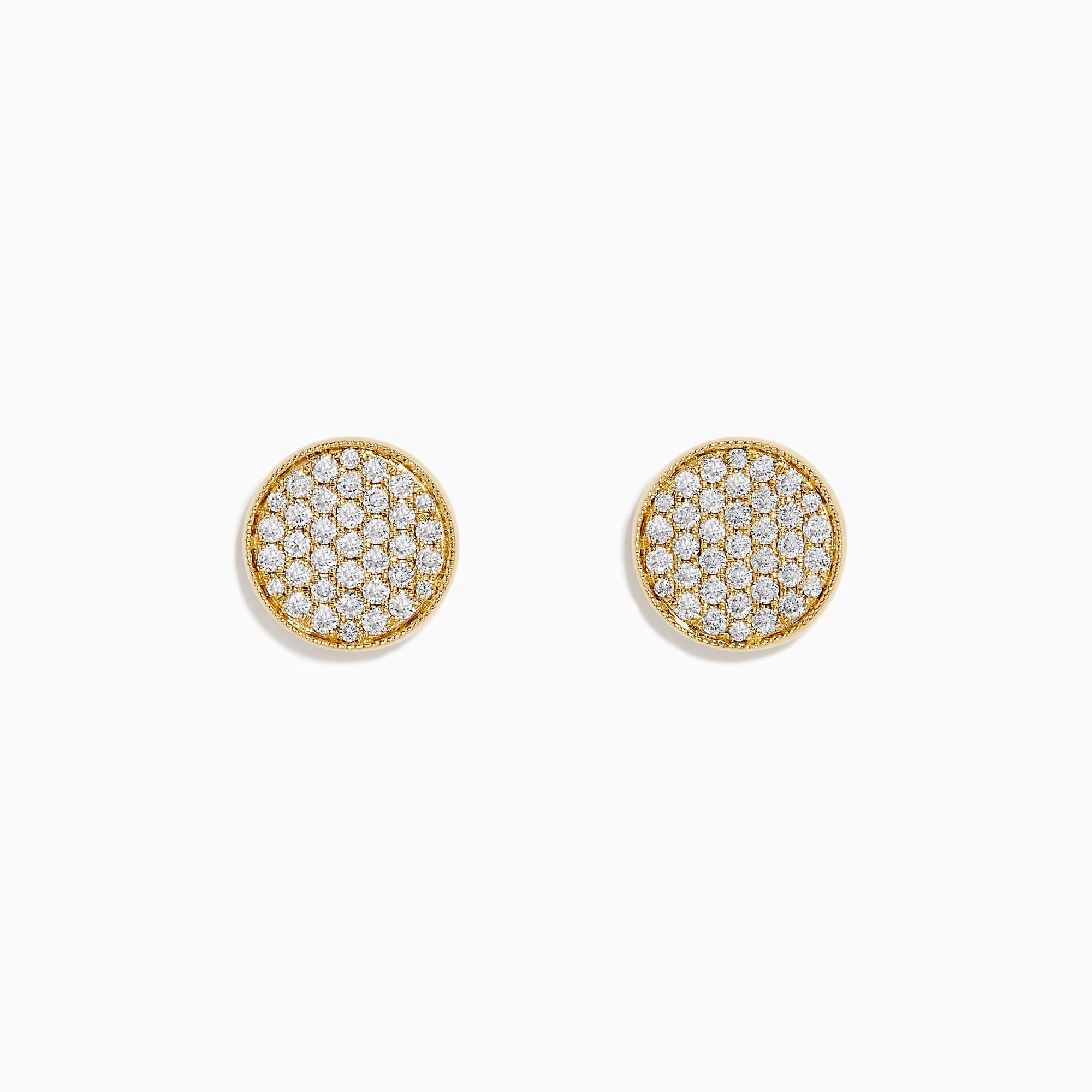 D'Oro 14K Yellow Gold Diamond Disc Stud Earrings feature sparkling white stones set in a honeycomb pattern, displayed on a white background.