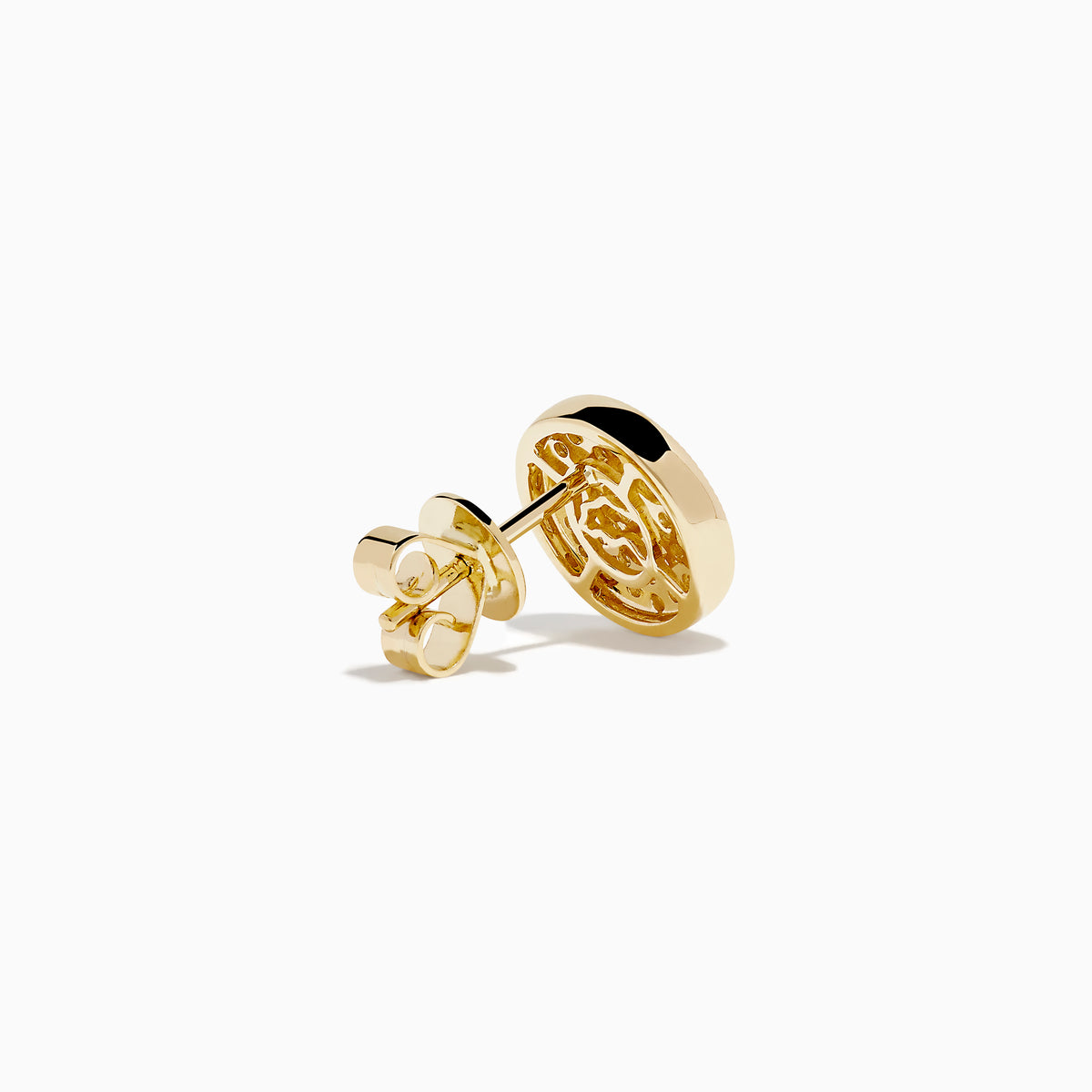 D'Oro 14K Yellow Gold Diamond Disc Stud Earrings feature sparkling white stones set in a honeycomb pattern, displayed on a white background.