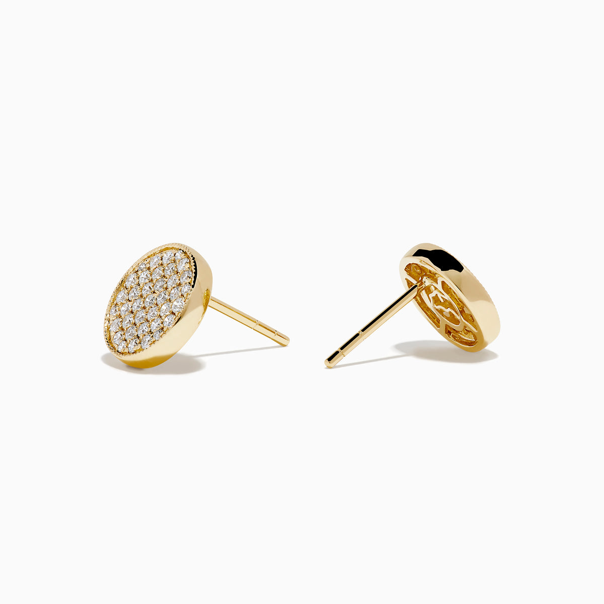 D'Oro 14K Yellow Gold Diamond Disc Stud Earrings feature sparkling white stones set in a honeycomb pattern, displayed on a white background.