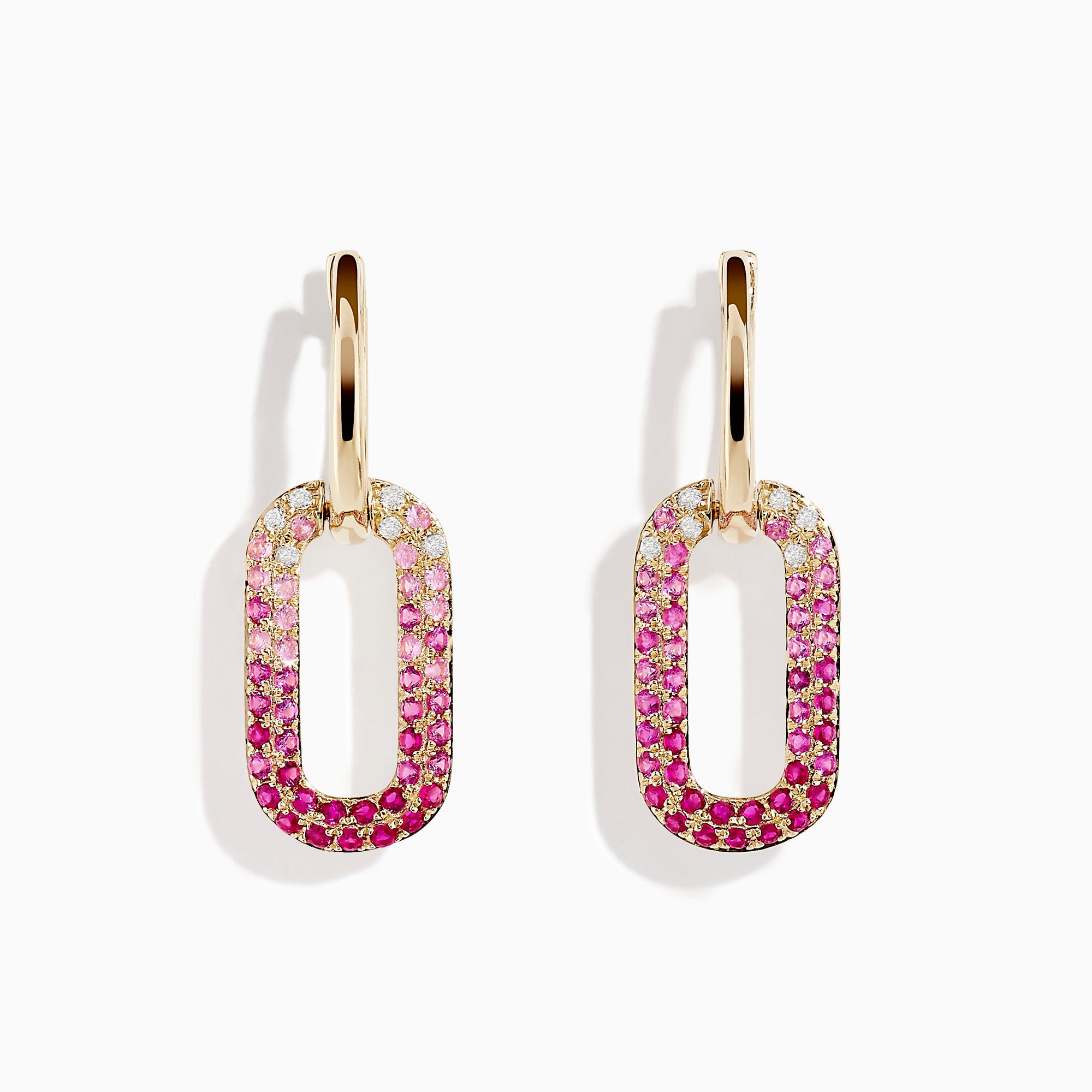The 14K Yellow Gold Pink Sapphire and Diamond Earrings feature gold hoops with oval pendants, encrusted in a gradient of white diamonds to deep pink sapphires, crafted in 14K yellow gold and shown on a white background.