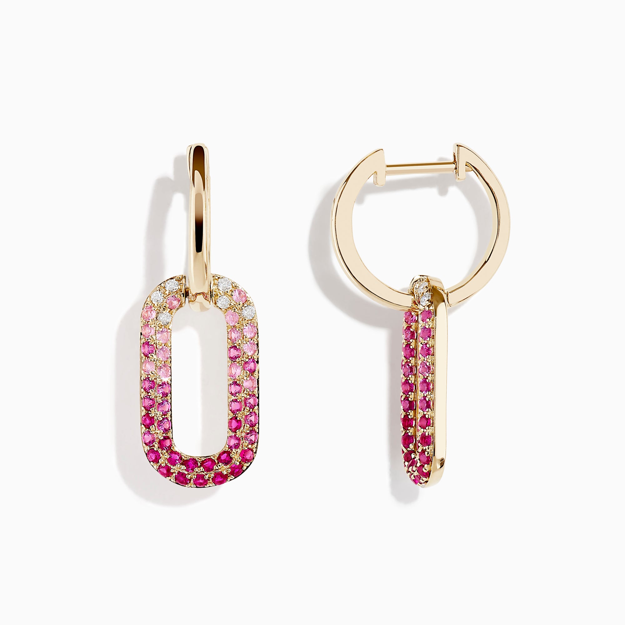 The 14K Yellow Gold Pink Sapphire and Diamond Earrings feature gold hoops with oval pendants, encrusted in a gradient of white diamonds to deep pink sapphires, crafted in 14K yellow gold and shown on a white background.