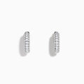 Introducing the 14K White Gold Diamond Three Row Pave Mini Hoop Earrings, featuring multiple rows of sparkling diamonds meticulously set in 14K white gold and elegantly presented against a plain white background.