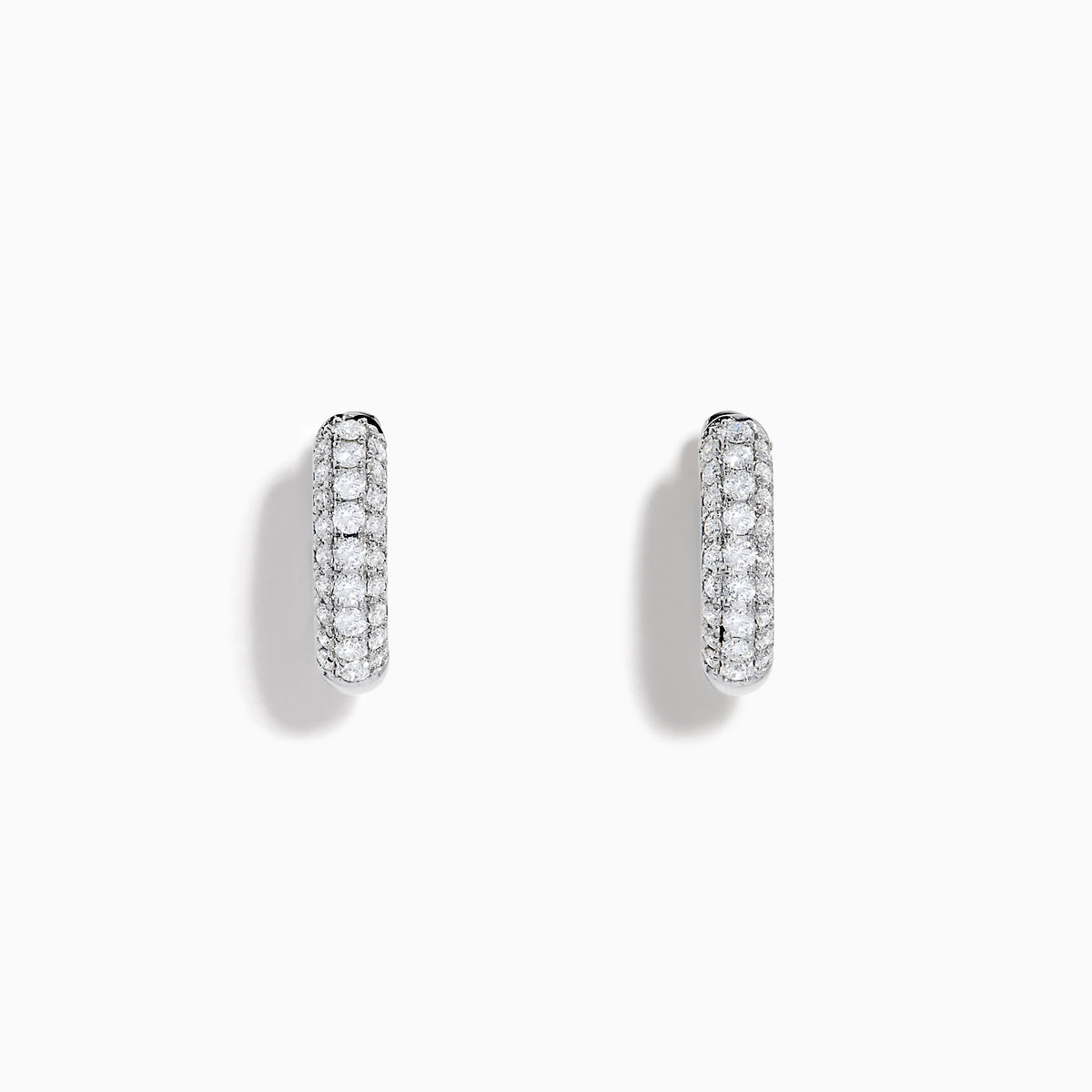 Introducing the 14K White Gold Diamond Three Row Pave Mini Hoop Earrings, featuring multiple rows of sparkling diamonds meticulously set in 14K white gold and elegantly presented against a plain white background.