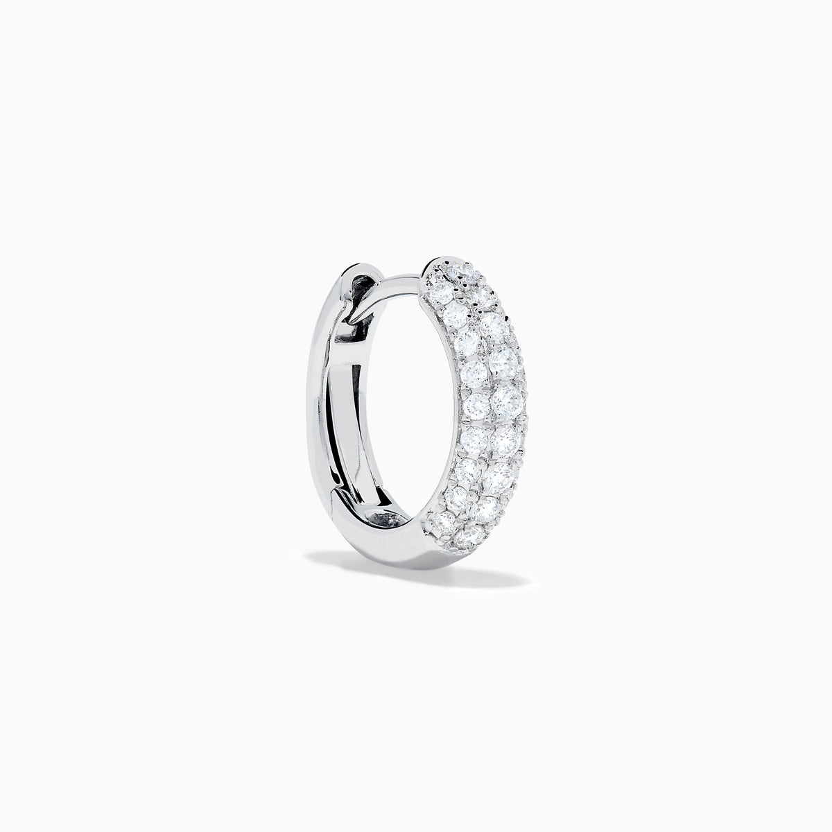 Introducing the 14K White Gold Diamond Three Row Pave Mini Hoop Earrings, featuring multiple rows of sparkling diamonds meticulously set in 14K white gold and elegantly presented against a plain white background.