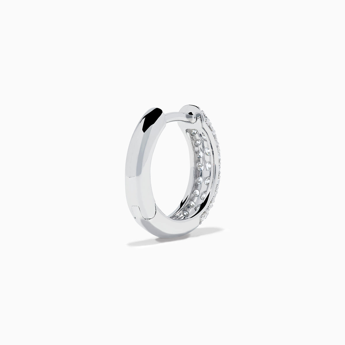 Introducing the 14K White Gold Diamond Three Row Pave Mini Hoop Earrings, featuring multiple rows of sparkling diamonds meticulously set in 14K white gold and elegantly presented against a plain white background.
