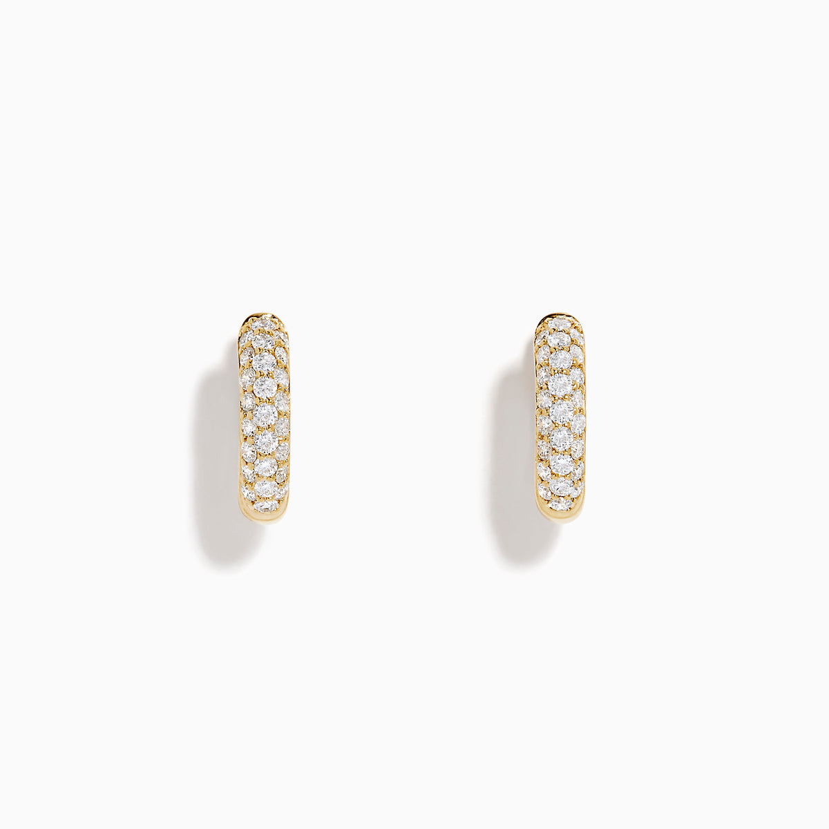 The 14K Yellow Gold Diamond Pavé Dome Mini Hoop Earrings feature rows of sparkling diamonds set in yellow gold, shown on a plain white background.