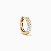 The 14K Yellow Gold Diamond Pavé Dome Mini Hoop Earrings feature rows of sparkling diamonds set in yellow gold, shown on a plain white background.
