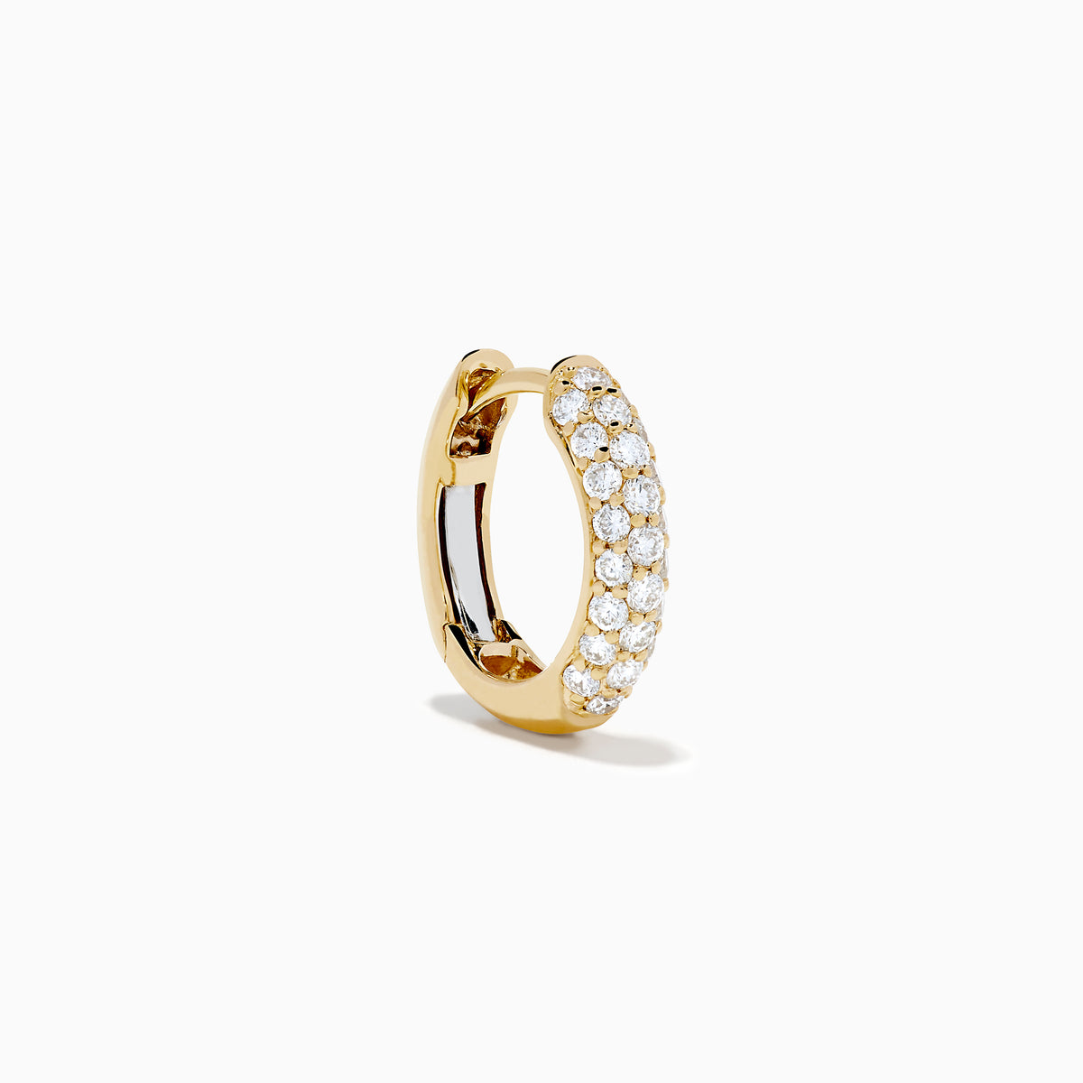 The 14K Yellow Gold Diamond Pavé Dome Mini Hoop Earrings feature rows of sparkling diamonds set in yellow gold, shown on a plain white background.