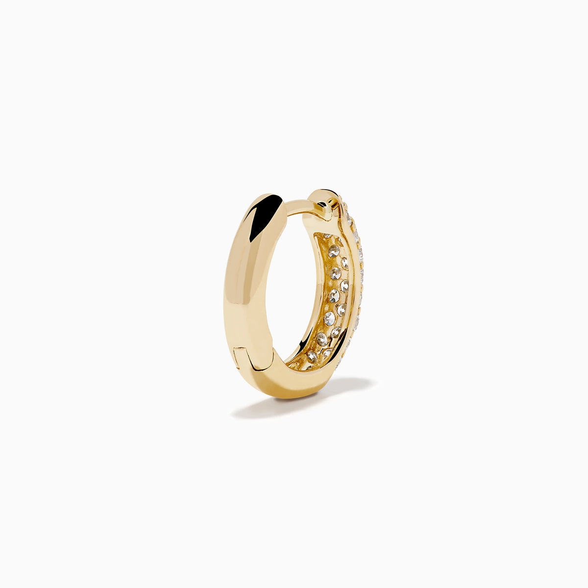 The 14K Yellow Gold Diamond Pavé Dome Mini Hoop Earrings feature rows of sparkling diamonds set in yellow gold, shown on a plain white background.