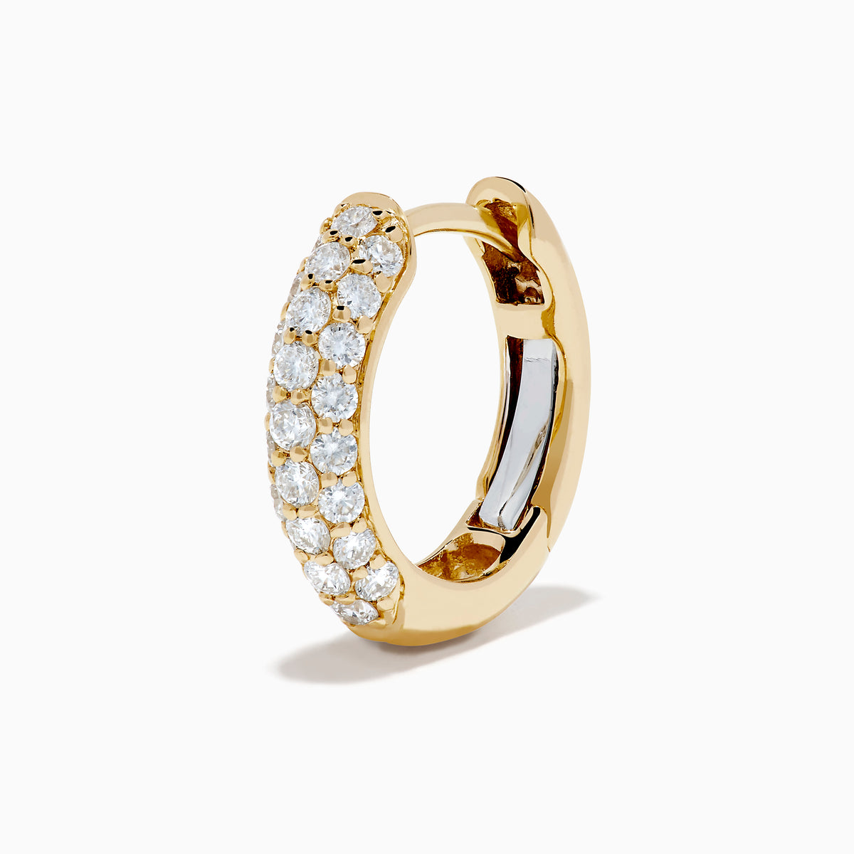 The 14K Yellow Gold Diamond Pavé Dome Mini Hoop Earrings feature rows of sparkling diamonds set in yellow gold, shown on a plain white background.