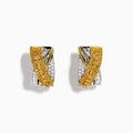 The 14K Two Tone Gold Yellow and White Diamond Crossover Huggie Earrings showcase crisscrossed rows of yellow gemstones and white diamonds, elegantly displayed on a white background.