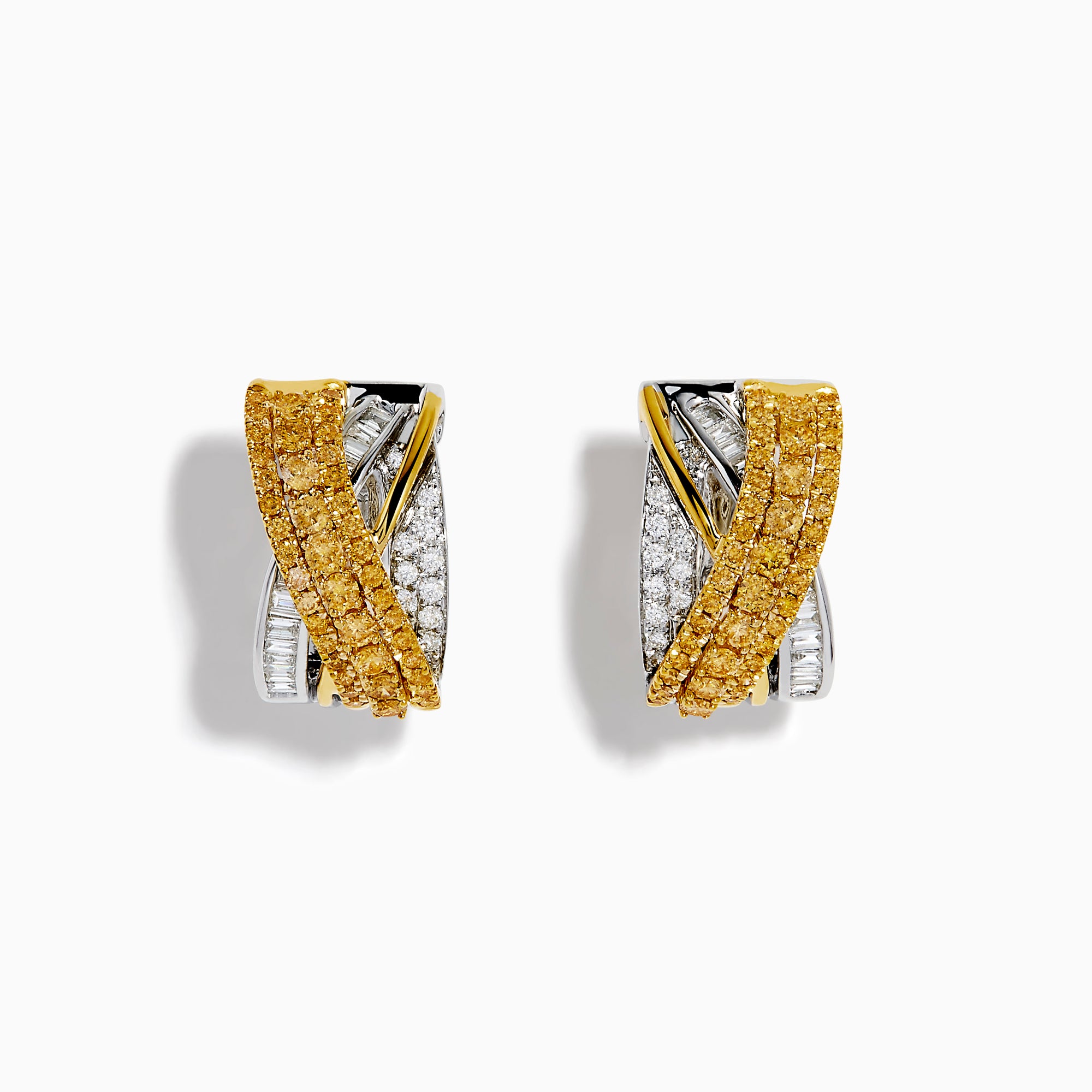 The 14K Two Tone Gold Yellow and White Diamond Crossover Huggie Earrings showcase crisscrossed rows of yellow gemstones and white diamonds, elegantly displayed on a white background.