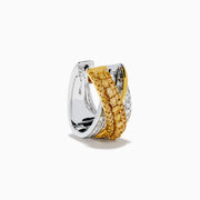 The 14K Two Tone Gold Yellow and White Diamond Crossover Huggie Earrings showcase crisscrossed rows of yellow gemstones and white diamonds, elegantly displayed on a white background.