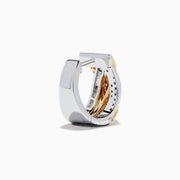 The 14K Two Tone Gold Yellow and White Diamond Crossover Huggie Earrings showcase crisscrossed rows of yellow gemstones and white diamonds, elegantly displayed on a white background.