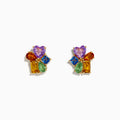 A pair of 14K yellow gold stud earrings featuring multi color sapphires and pink amethyst in a clustered floral design.