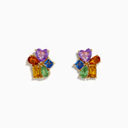 A pair of 14K yellow gold stud earrings featuring multi color sapphires and pink amethyst in a clustered floral design.