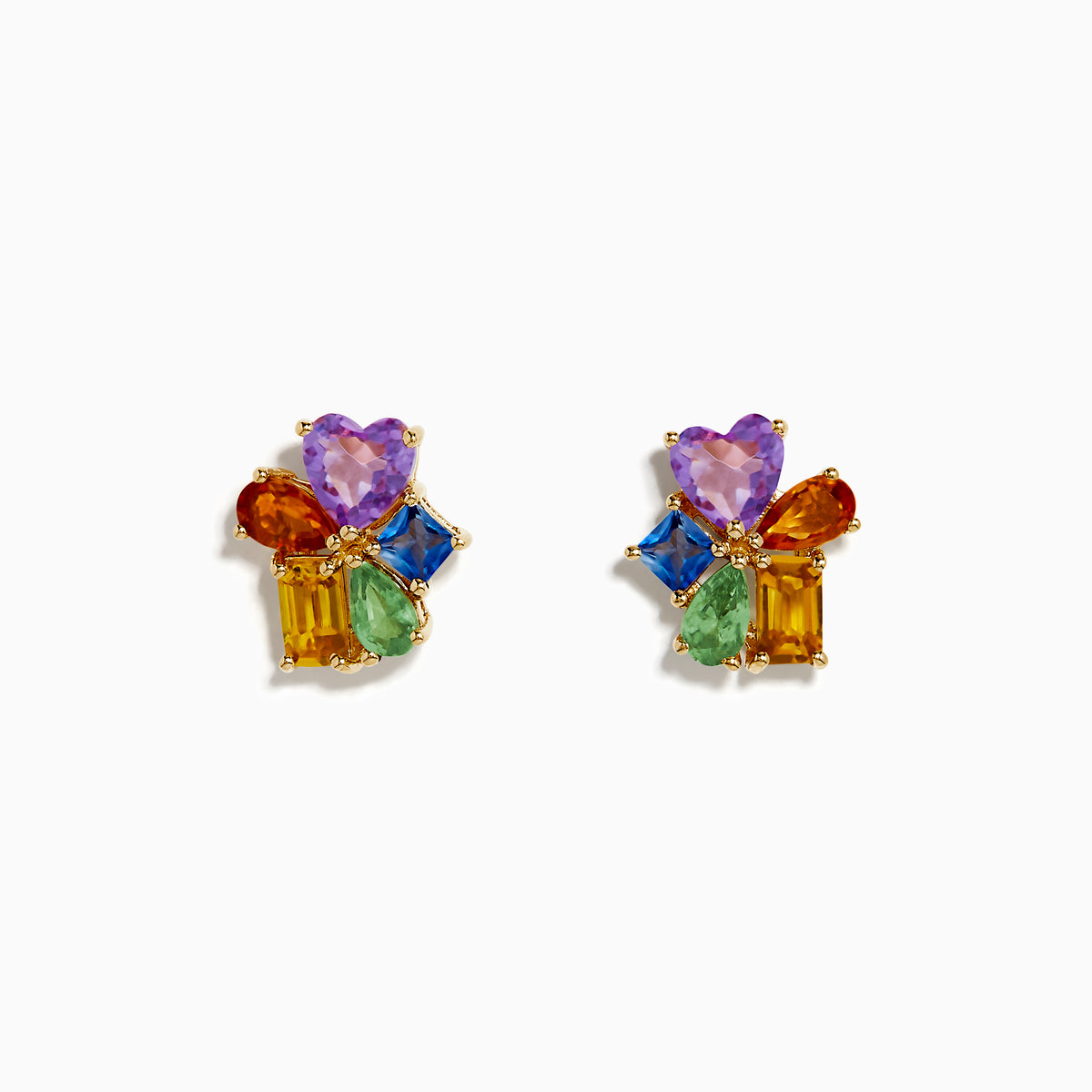 A pair of 14K yellow gold stud earrings featuring multi color sapphires and pink amethyst in a clustered floral design.