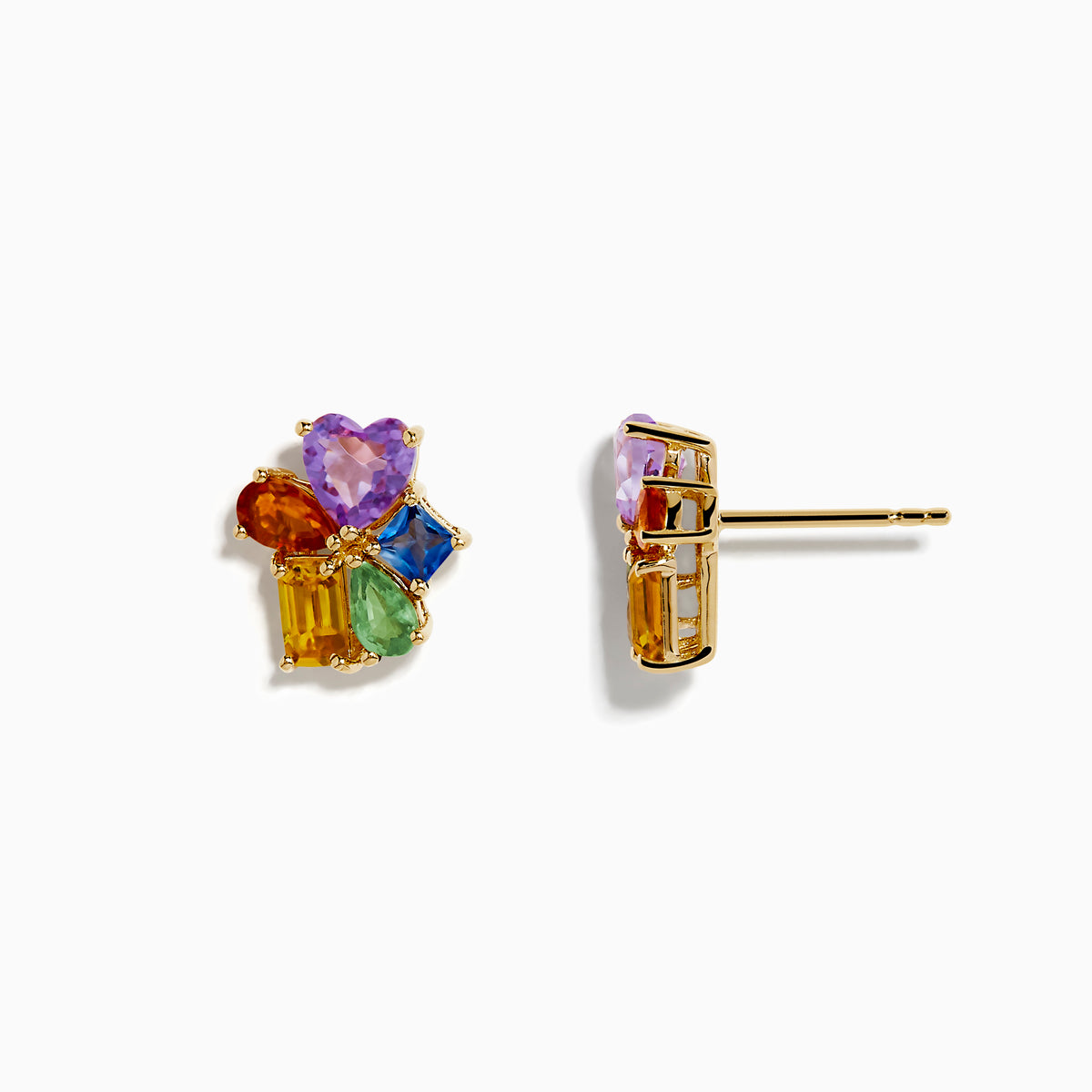 A pair of 14K yellow gold stud earrings featuring multi color sapphires and pink amethyst in a clustered floral design.